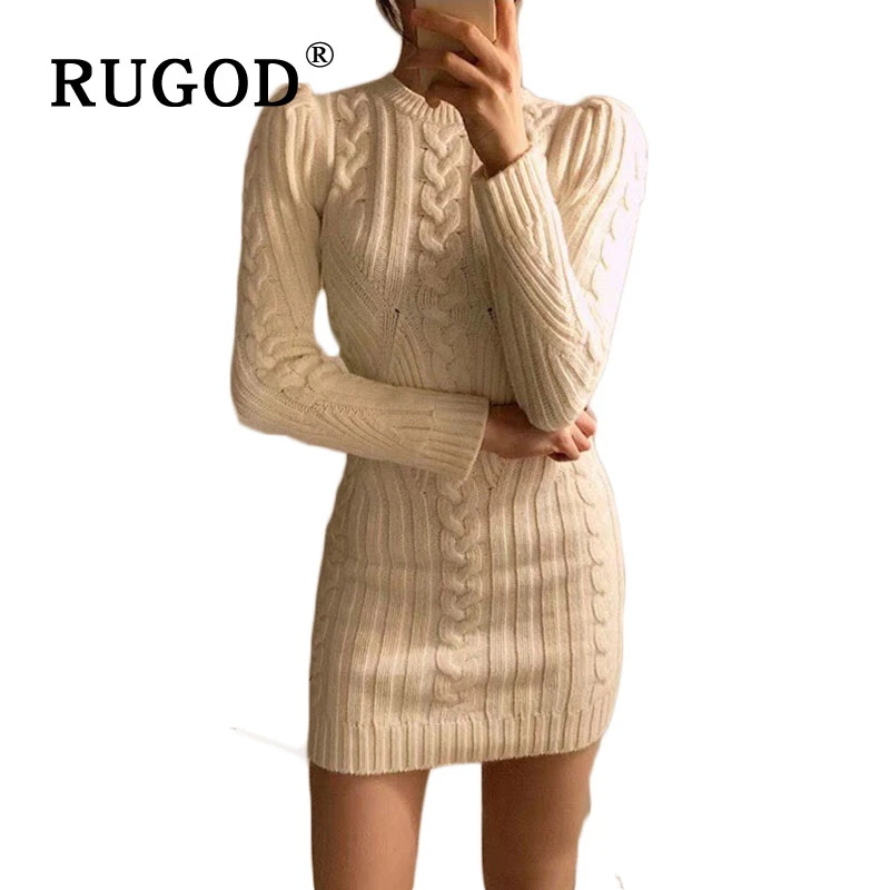 RUGOD Hot Sale O-neck Women's Turtleneck Dress Women Solid Elegant Warm Knitted Slim vestido de mujer | Женская одежда