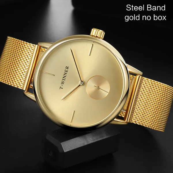 G gold T-WINNER, мужские механические часы, победитель, Лидирующий бренд, ручная работа, нержавеющая сталь, кожаный ремешок, Forsining, простые мужские водонепроницаемые часы - Цвет: G gold