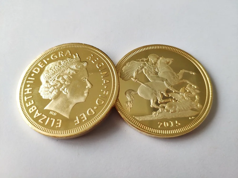 Британская монета соверен, 1 сувенирная монета. 999 Bullion Золотая круглая монета, позолоченные монеты 1 унций. 40*3 мм, 2 шт
