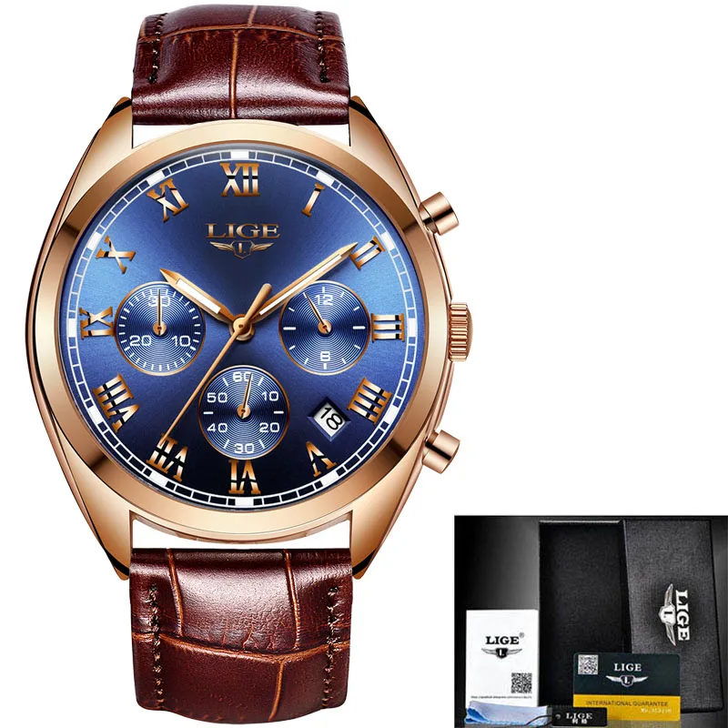 leather gold blue LIGE мужские часы Топ люксовый бренд бизнес хронограф кварцевые часы мужские повседневные кожаные водонепроницаемые часы мужские Relogio Masculino - Цвет: leather gold blue