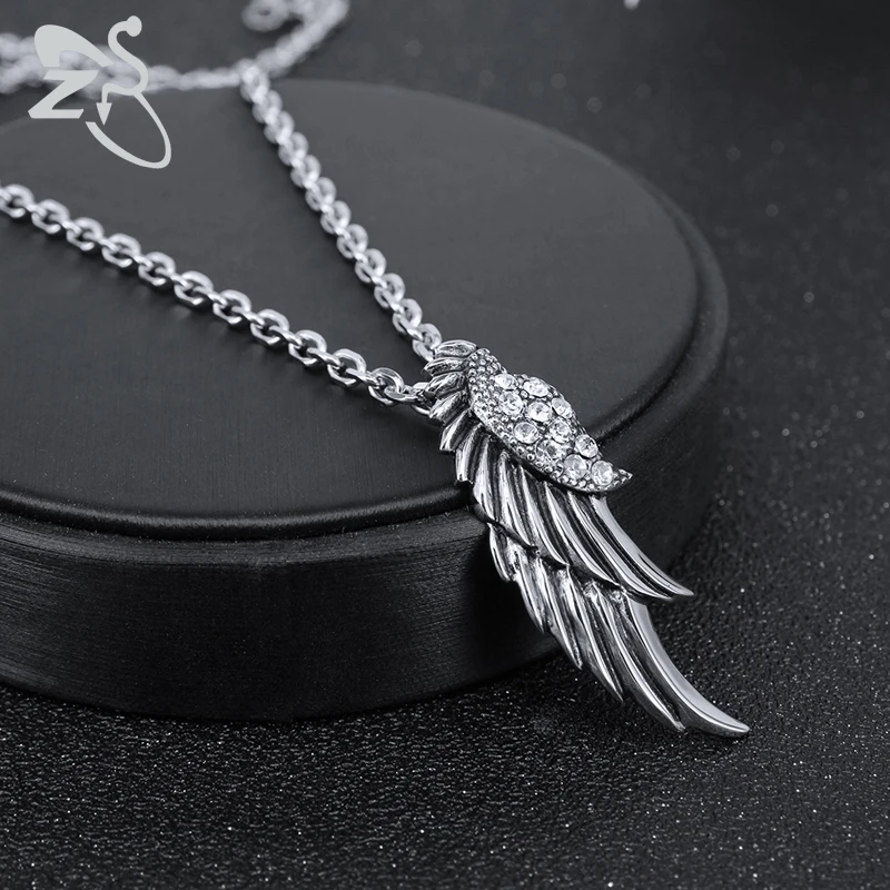

ZS 316L Stainless Steel Wings Pendant Necklace with White Cubic Zirconia Punk Style Necklaces for Men Women Hip Hop Biker Jewelry