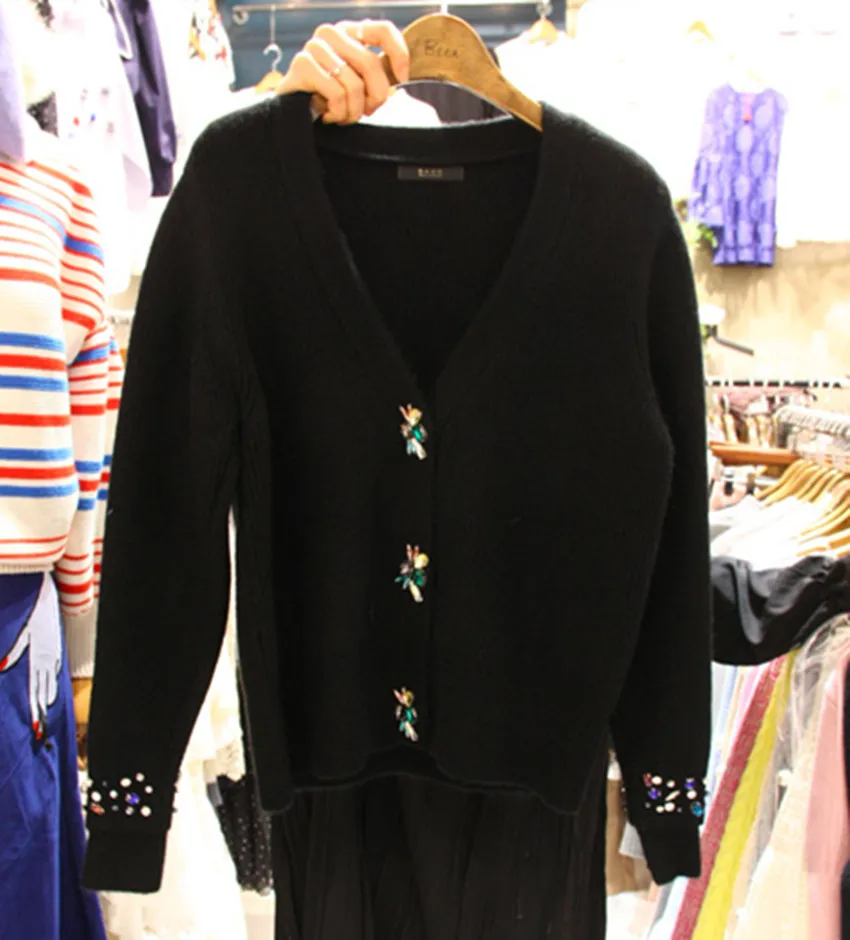 

JSXDHK New Fashion 2018 Autumn Winter Sweater Cardigan Women Knit Diamonds Beading Single Breasted Casual V Neck Loose Outerwear