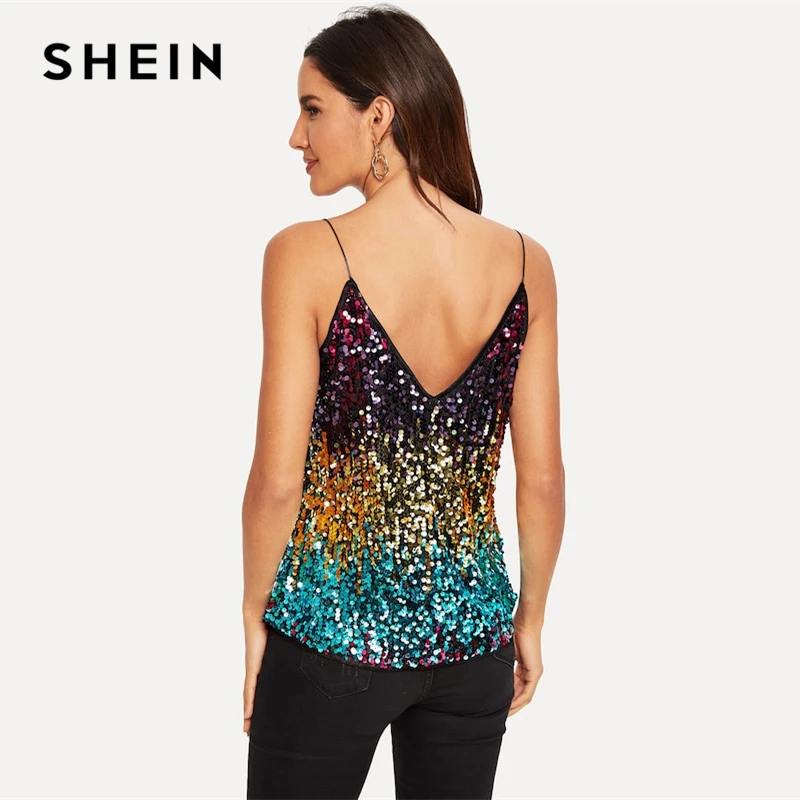 SHEIN Блестящий Топ На Бретелях С V-Образным Вырезом Женский Многоцветный Сексуальный Топ Без Рукавов