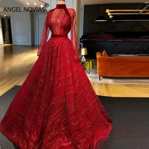 Красный ANGEL NOVIAS, красное бальное платье с длинными рукавами, блестящее Abendkleider, арабское элегантное вечернее платье, Vestido Sirena Largo - Цвет: Красный