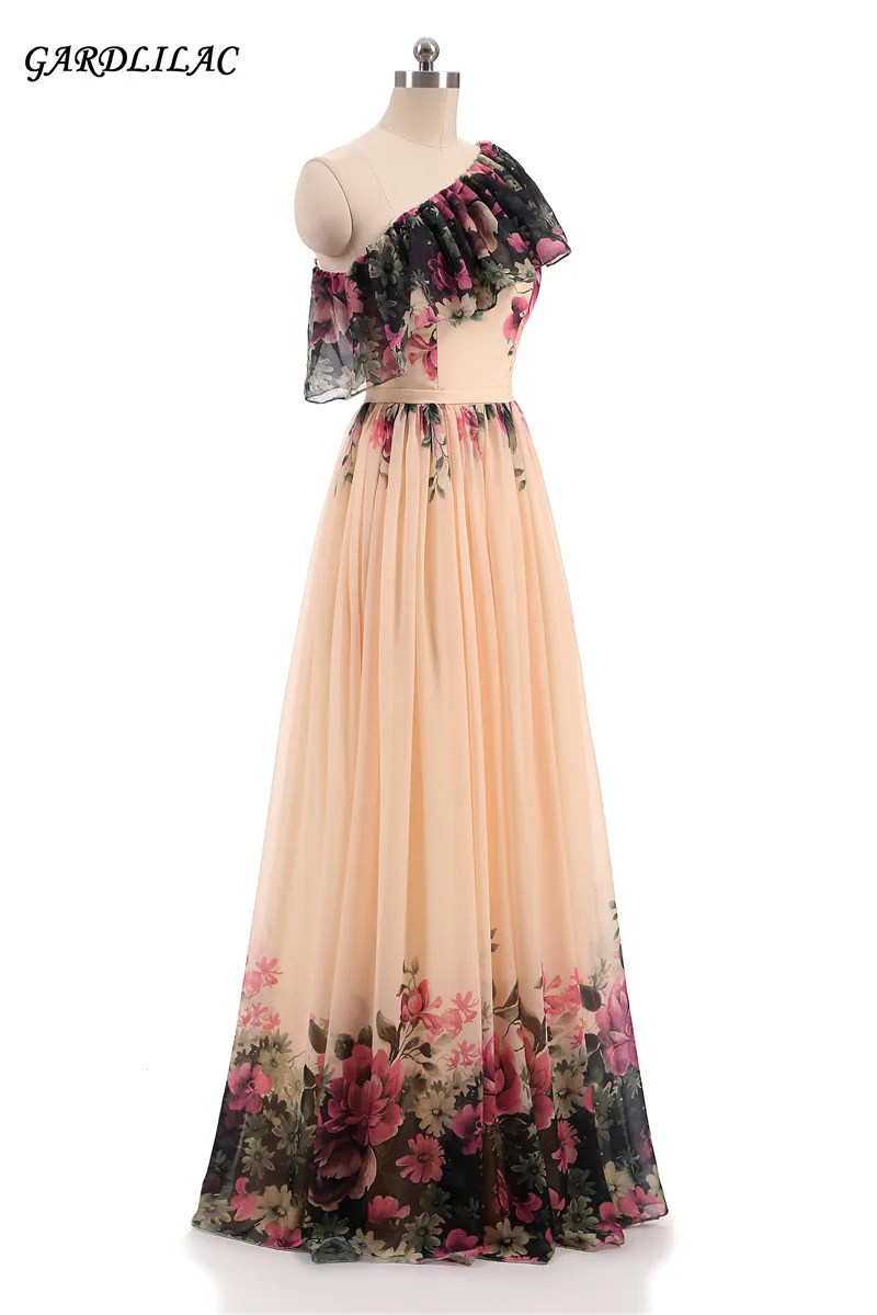 

Women Elegant Chiffon One-Shoulder Long Prom Dress 2021 Chiffon Printed Evening Gown Bridal Party Dress