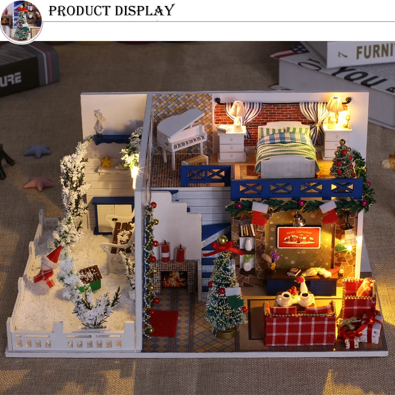 Синяя Рождественская кукла дом миниатюрная сцена деревянная головоломка DIY