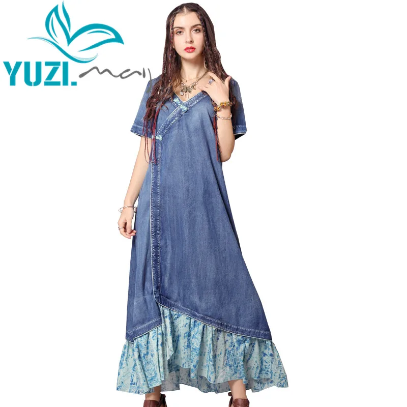 Летнее платье 2019 Yuzi.may бохо новые джинсовые женские платья с V-образным вырезом и