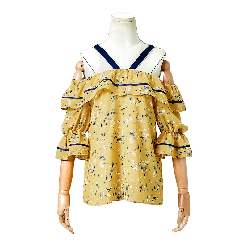 ARTKA 2019 Summer New Women Floral Shirt Printed Chiffon Flare Sleeve Blouse Slash Neck Sling For SA10999X |