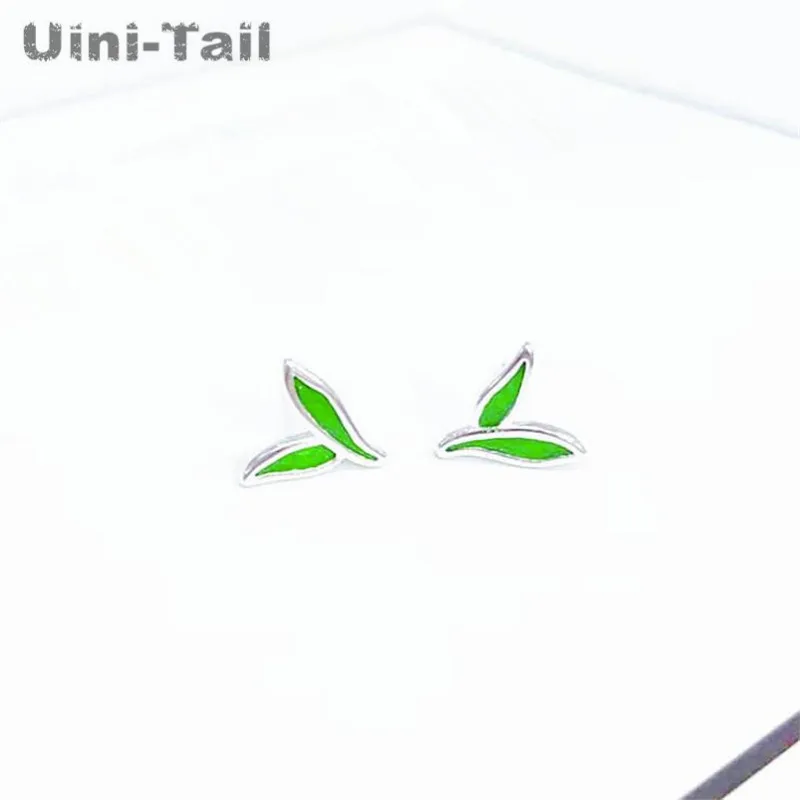 Женские серьги с зелеными листьями Uini Tail простые из стерлингового серебра 925
