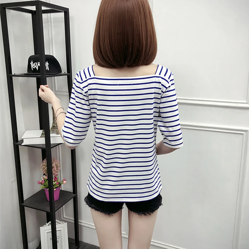 

S~2XL Women Top Fashion Casual Stripe 2019 New Summer T-Shirt Short Sleeve Slash Neck Loose Cotton Bottoming T-shirt Women CW465