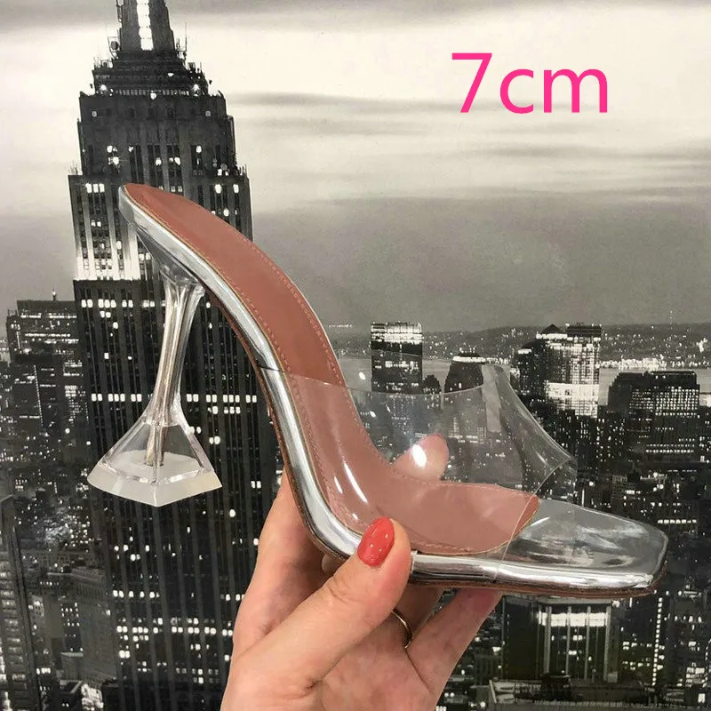 Silver-7cm ; Летние прозрачные Шлепанцы из ПВХ; прозрачные модельные туфли на высоком каблуке-шпильке с открытым носком - Цвет: Silver-7cm