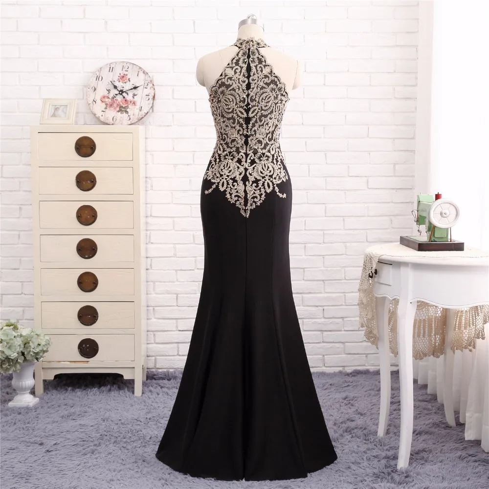 Женское вечернее платье русалка Черное длинное с золотистой аппликацией и