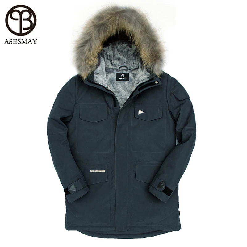 Asesmay мужская зимняя куртка с густым натуральным мехом длинное пальто 90% белый