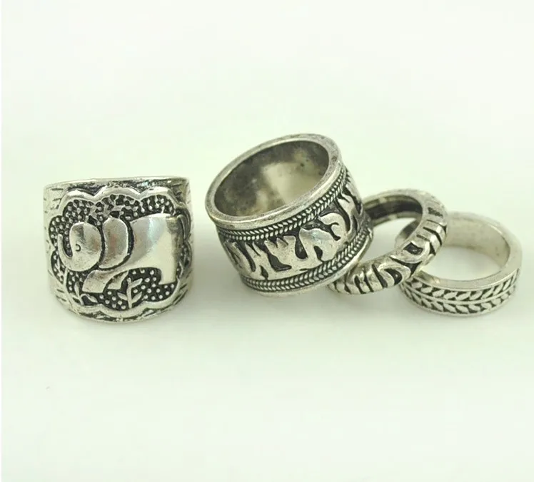 4pcs/Set Vintage Antique Silver Color Elephant Ring Set Ethnic Style Totem Leaf Lucky Rings for Women Boho Female Jewelry | Украшения и