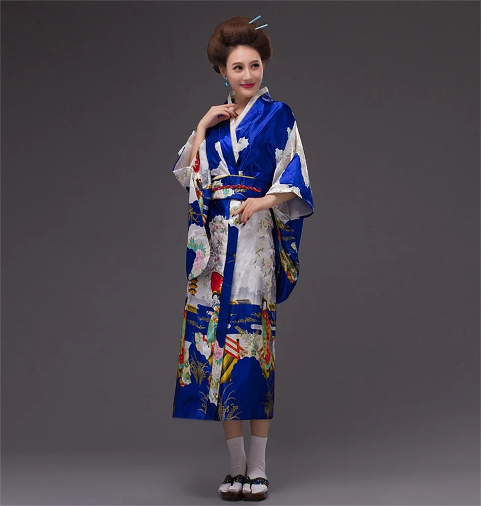Yukata-Kimono de seda japonés para mujer, vestido Vintage tradicional Original con Obi, talla única, azul, novedad de 2019