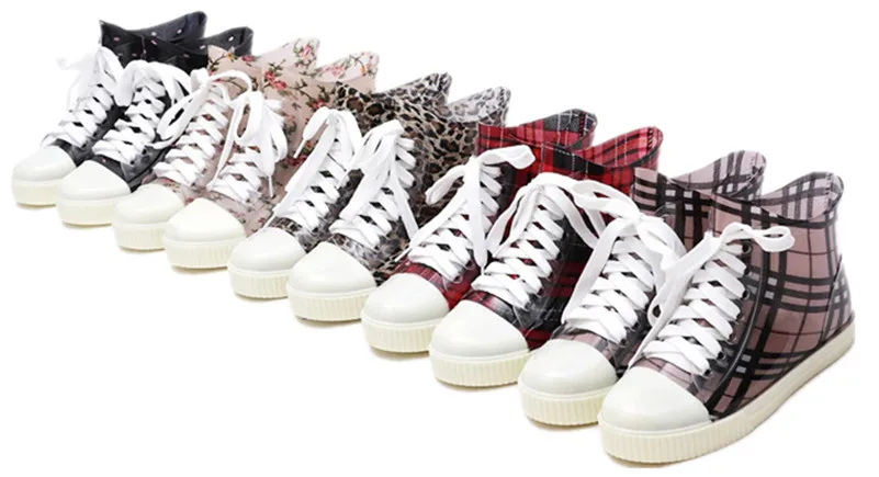 Обувь Женщина 2016 Осень Резиновые Круглого Toe Красный Плед Шнуровке Лодыжки Дождь