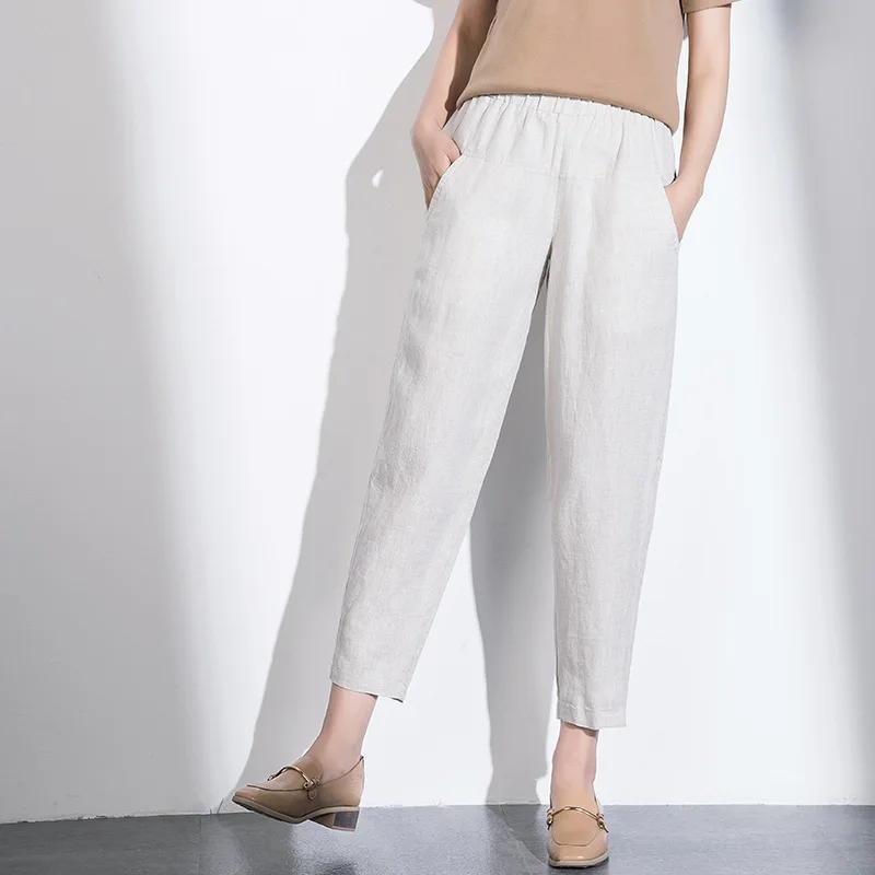 Женские тонкие свободные хлопковые льняные укороченные брюки для лета дышащие