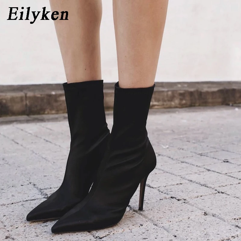 Eilyken/ женские сапоги до середины икры из эластичной ткани; модные сексуальные зимние сапоги на высоком каблуке-шпильке с острым носком; Размеры 35-40
