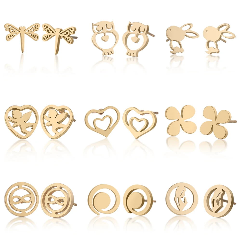 1 пара брендовых серьги гвоздики с изображением стрекозы совы кролика ангела