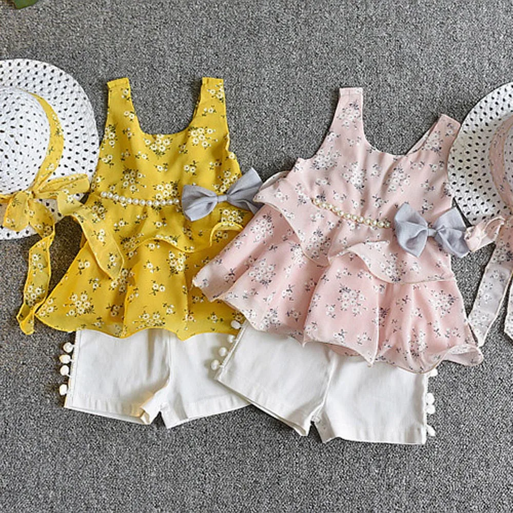 3PCS Toddler Baby Kid Girls Outfits Clothes Floral Vest T-shirt+Pants+Sun Hat Sets children clothing set girl teenage | Детская одежда