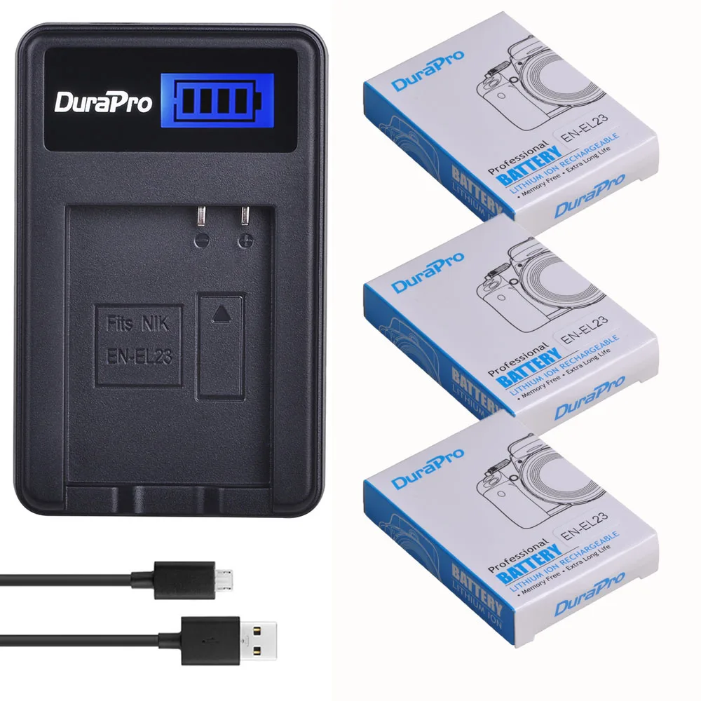 DuraPro 3pc 3 8 V 1850mAh EN EL23 перезаряжаемый литий ионный аккумулятор зарядное устройство