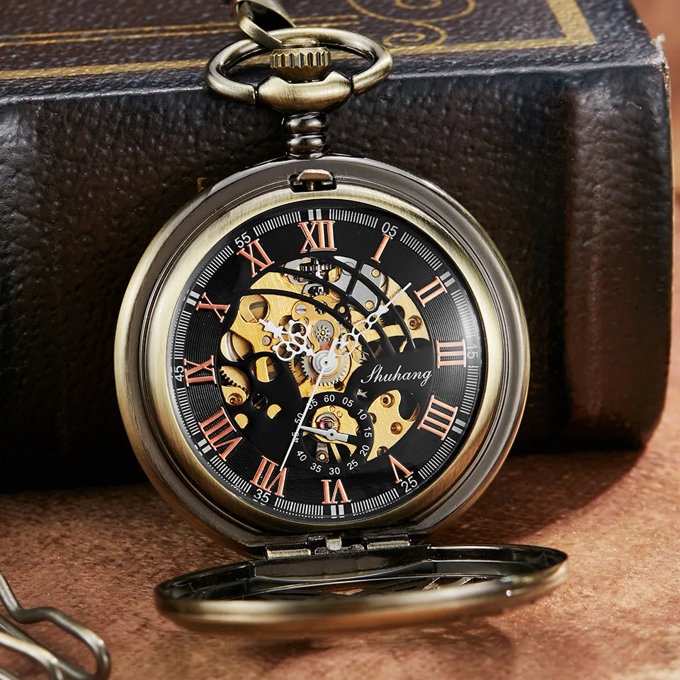 Luxury Golden Love Wings Mechanical Pocket Watch Men Women Fob Chain Unique Hollow Design Skeleton Double Side Hand Wind Watches