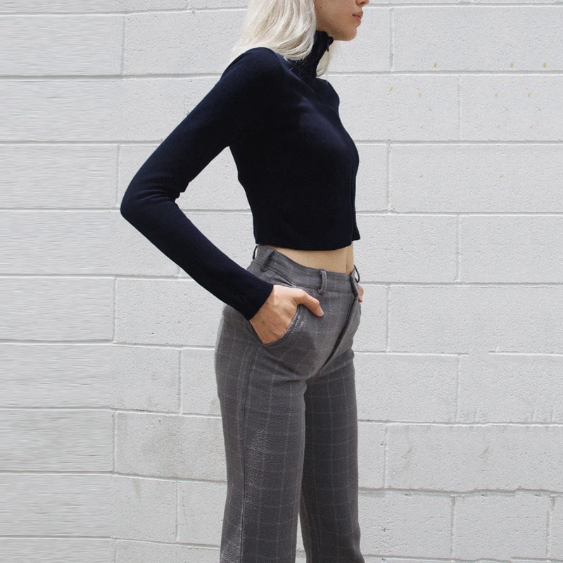 Темно Синяя водолазка с длинным рукавом на молнии укороченные футболки для