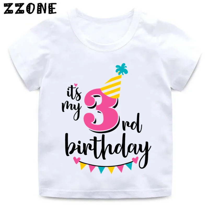 whiteC Футболка с надписью «Happy Birthday» и цифрой 1-9 для девочек Милая летняя одежда для малышей Забавная детская футболка с цифрами в подарок на день рождения HKP2432 - Цвет: whiteC