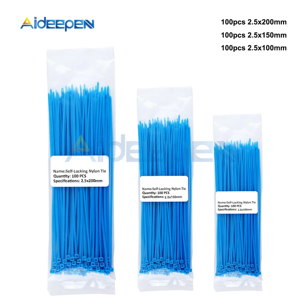 Blue 300 шт. нейлоновые кабельные стяжки самоблокирующиеся пластиковые проволоки с молнией Набор 2,5*200 2,5*150 2,5*100 мм промышленные крепежи и аппаратный кабель - Цвет: Blue