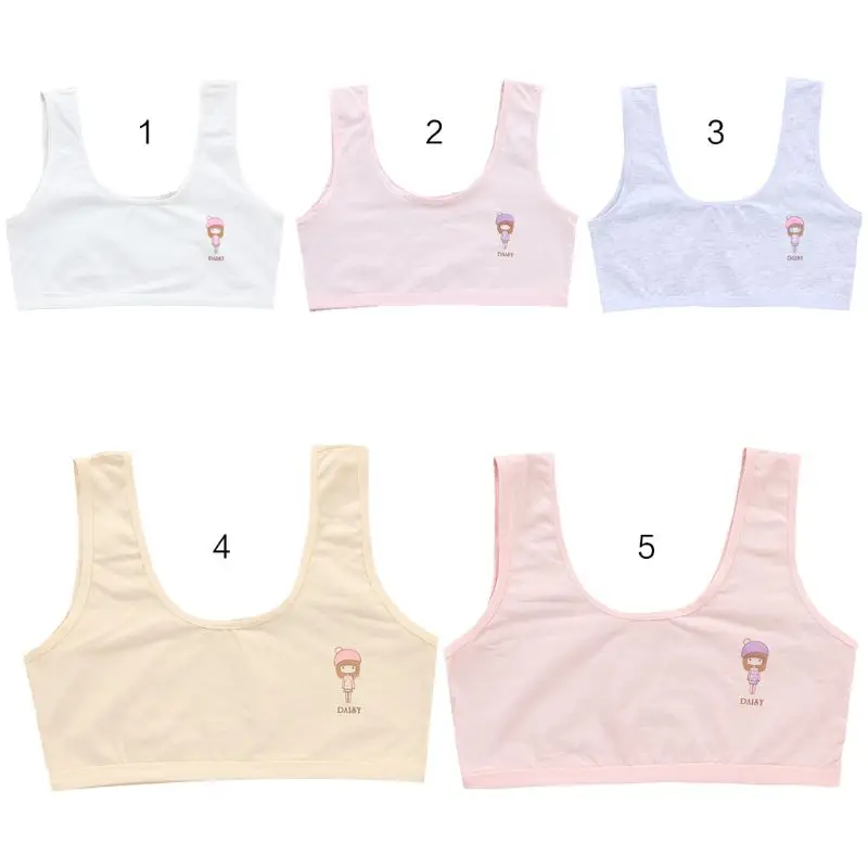 

Kids Puberty Girl Single Layer Cotton Training Bra Solid Color Wide Strap Underwear Cartoon Figures Print Bralette 8-16T 5 Color