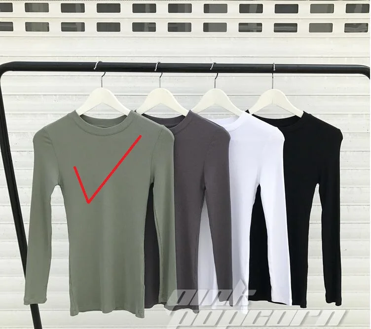 green regular length Женская Базовая футболка, одноцветная облегающая футболка, футболки с длинным рукавом, женские Стрейчевые облегающие укороченные топы, повседневные белые футболки Femme - Цвет: green regular length