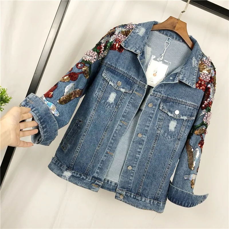 Spring Autumn Casual Denim Jacket Women Embroidery Floral Beading Pearl Sequin Patch Epaulet Ripped Hole Bomber Jeans coat NZY27 | Женская