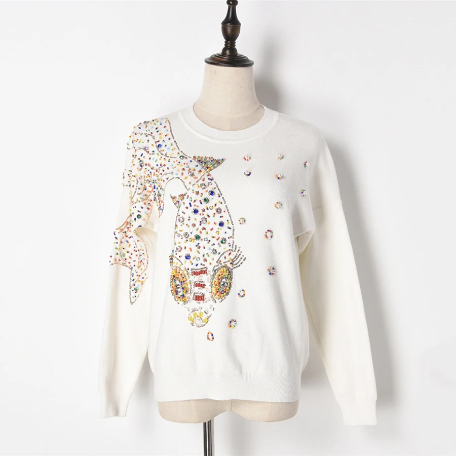 Дизайнерский роскошный осенний вязанный женский свитер с длинным рукавом и вышивкой бисером, брендовые свитера и пуловеры для женщин
