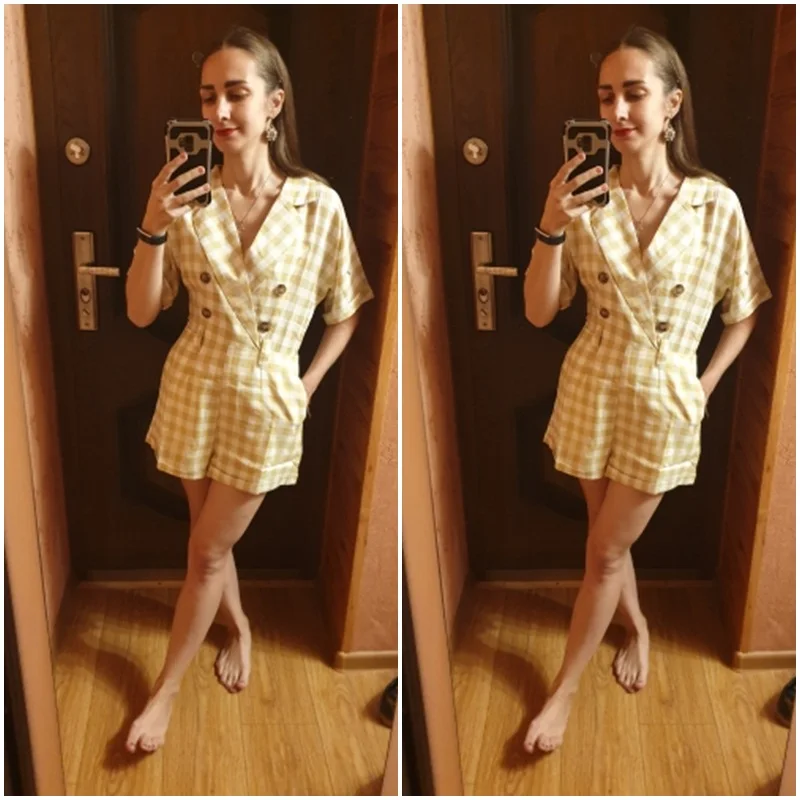 Женский комбинезон Simplee с короткими рукавами, повседневная уличная одежда, летний в клетку и с V-образным вырезом, женские комбинезоны с поясом
