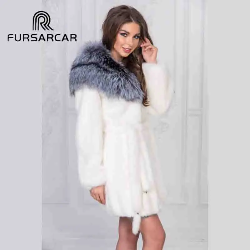 FURSARCAR Новое поступление Полный Пелт шуба из натуральной норки для женщин с воротником из Меха чернобурки натуральный мех норки Женское пальто