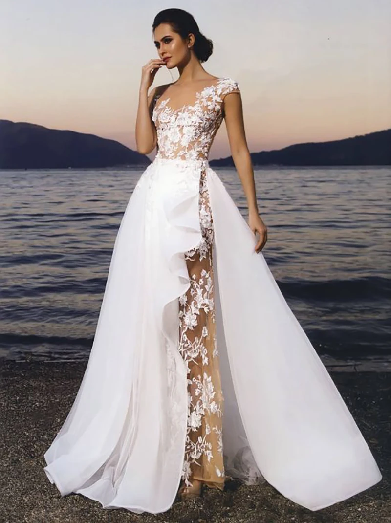 

LORIE 2019 New Princess Wedding Dress Champagne Tulle Skirt Appliqued Lace Detachable Train Wedding Gown Boho Bride Dress