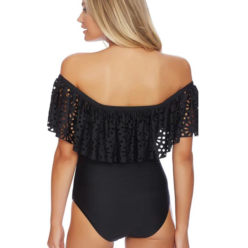 2017 черный кружевной купальник с оборками и открытыми плечами женский