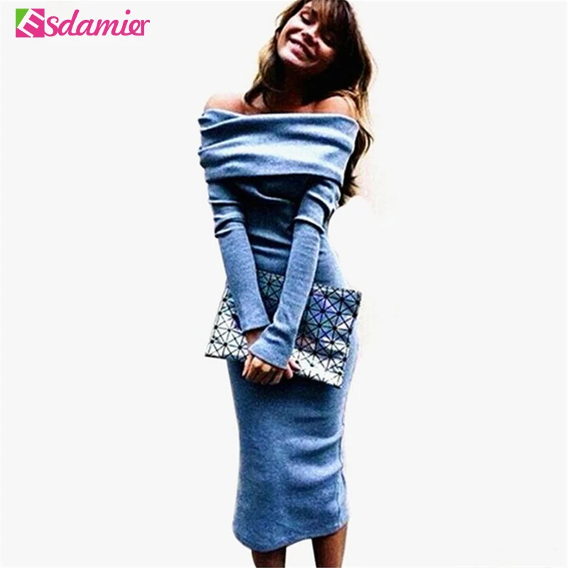 100% Хорошая Обратная Связь Сексуальная С Плеча Трикотажные Dress For Women осень Длинным