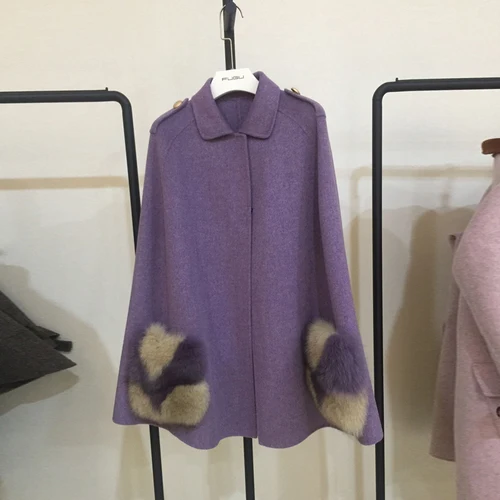 OFTBUY пальто с натуральным мехом, зимняя куртка, Женское шерстяное Свободное пальто, натуральный Лисий мех, с карманами, шерстяная накидка, без рукавов, пальто, уличная одежда - Цвет: purple