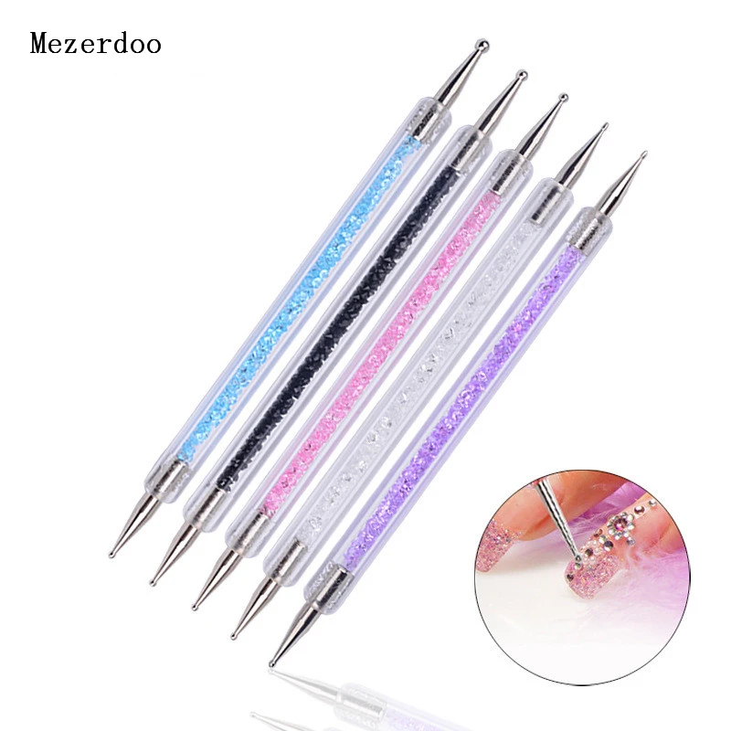 

5Pc 2Way Double Head Nail Dotting Pen Marbleizing Flower Painting Dot Pen Brush Colorful Rhinestone Handle Dot Pen Manicure Tool