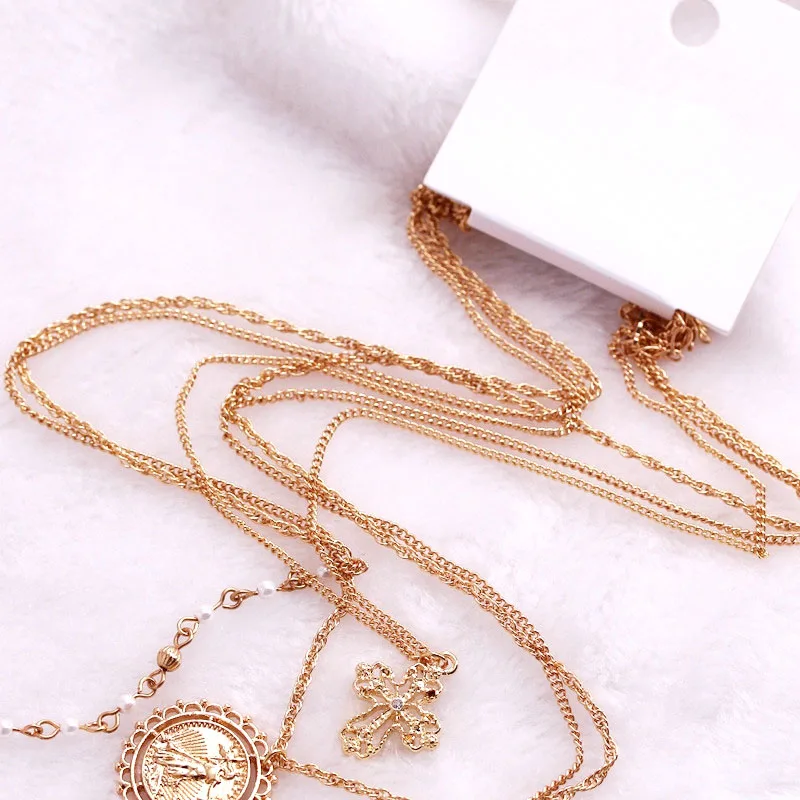 Cross Figure 3 Layers Choker Necklace For Women Girl Gold Link Chain Pendant Necklaces Crystal Pearl Beads Chokers Jewelry N188 | Украшения