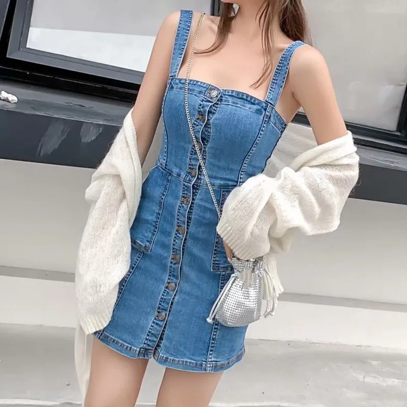 Джинсовое платье 2019 летнее тонкое милое стильное джинсовое на бретелях женский