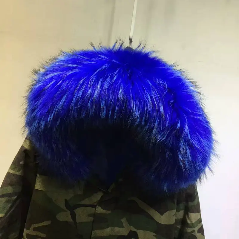 Камуфляжная парка куртка из синего лисьего меха зимняя с капюшоном енота