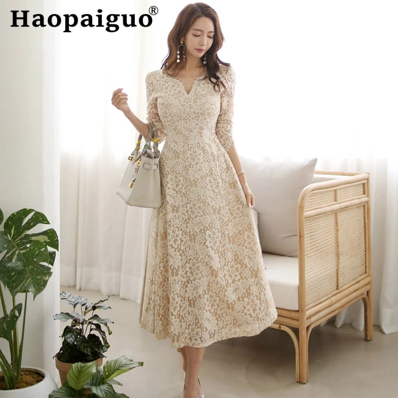 

Big Swing Korean Party Dress Women Long Sleeve Corset Solid Lace Dress Women Vestido De Festa Longo Summer Clothes for Women