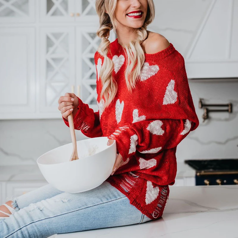 Женский свитер с красным сердцем тонкий трикотажный Повседневный пуловер