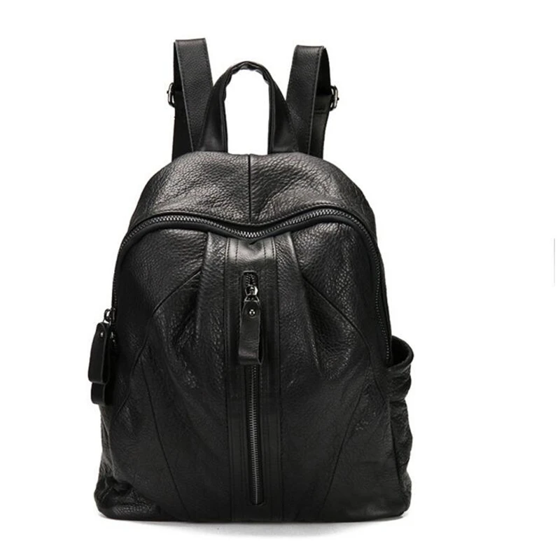 

2021 New Style Genuine Leather Women Double Shoulder Bags Punk Black Cow Leather Casual Travel Backpack Casual Student Backpack