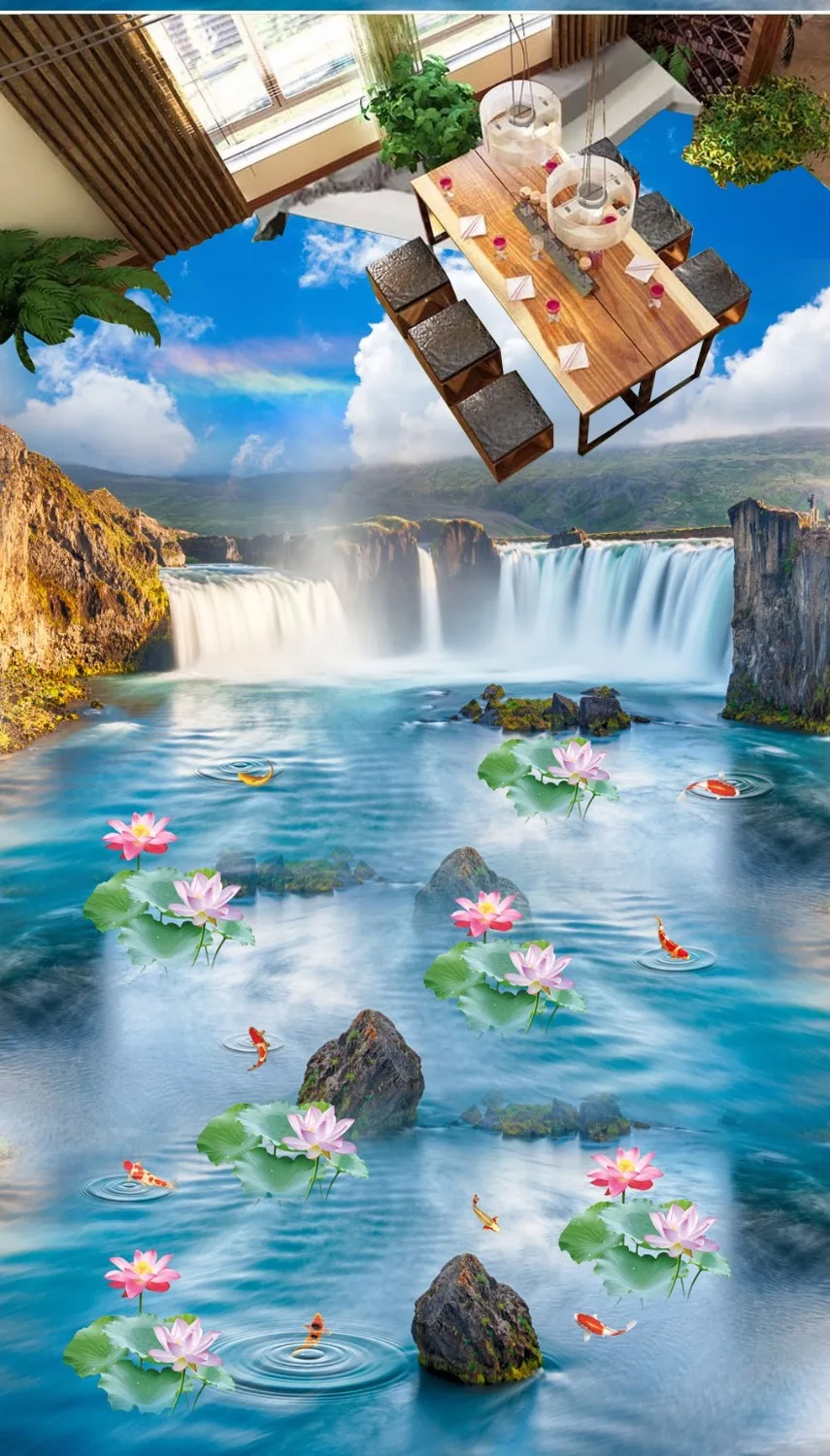 

Free Shipping Blue sky waterfall lotus carp bathroom kitchen walkway 3D floor paste waterproof living room flooring mural