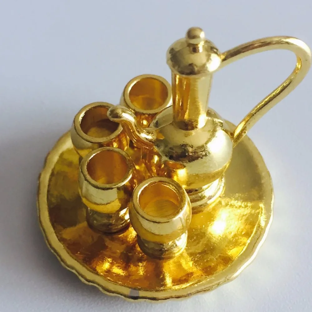 Mini Metal Classic Tea Pot Cups Plates Sets Dollhouse Miniatures 1:12 Play Furniture Toys for Doll House Kitchen Accessory | Дом и сад
