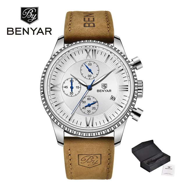 Silver White BENYAR, мужские часы, модные спортивные Кварцевые Золотые часы, мужские часы, мужские часы, Топ бренд, Роскошные водонепроницаемые часы - Цвет: Silver White