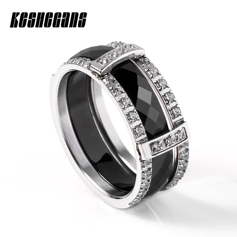 

Женский комплект колец из керамики, комплект колец из нержавеющей стали с блестящим кристаллом, 2 шт./компл.